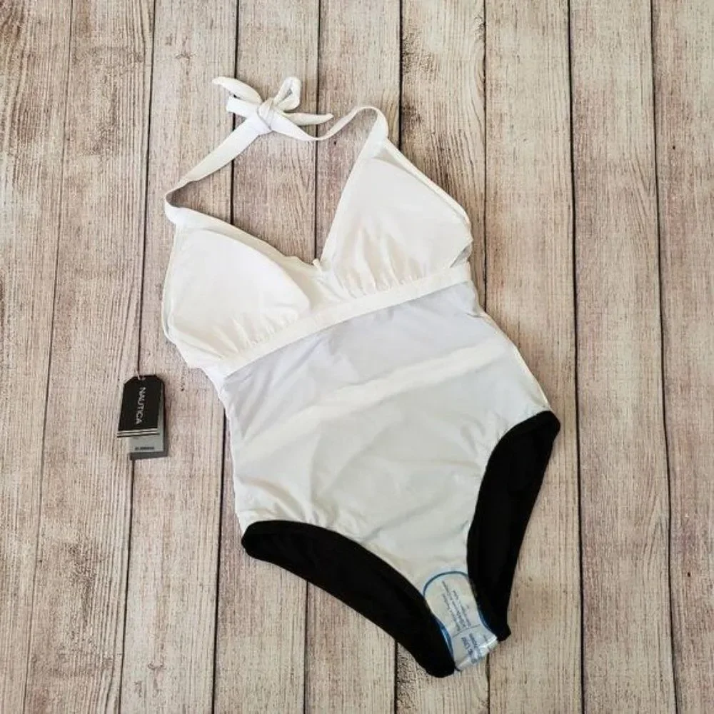 NWT Nautica Color Block Halter V-Neck One-Piece Swimsuit